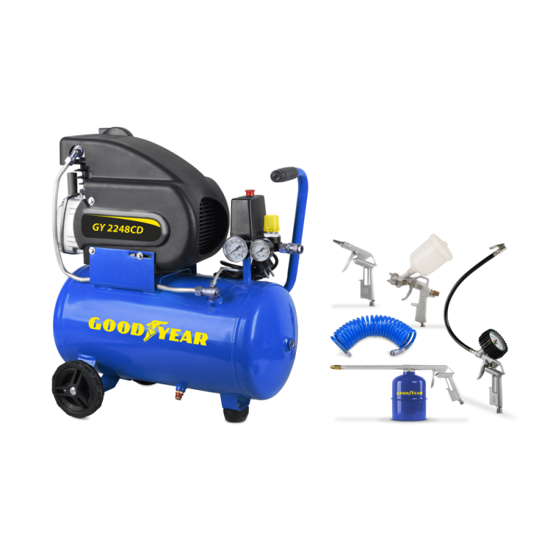 Compresor Electrico Goodyear Gy2248cd5 2Hp 24L 8Bar 220V/50Hz C/Kit Soplado 5Pcs